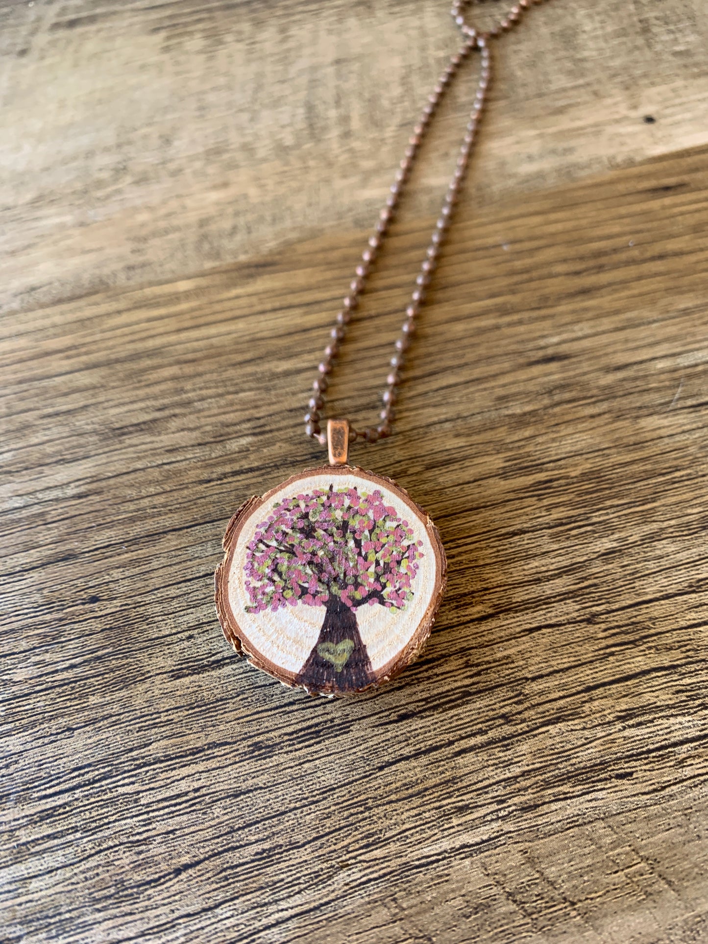 Enchanted Tree Pendant Pink and Gold with Heart